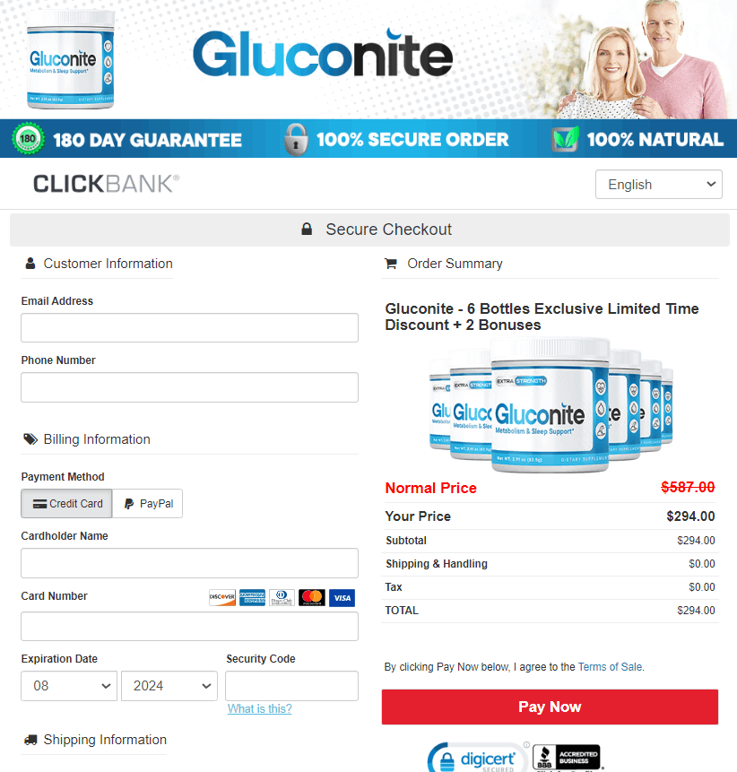 Gluconite checkout page